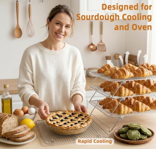 4PCS Sourdough Bread Cooling Rack, Oven Rack for Baking and Cooking Collapsible 12"x 16.5" for Half Sheet, Wire Rack Stackable Stainless Steel Rack for Cookie, Cake, Bacon and Jerky
