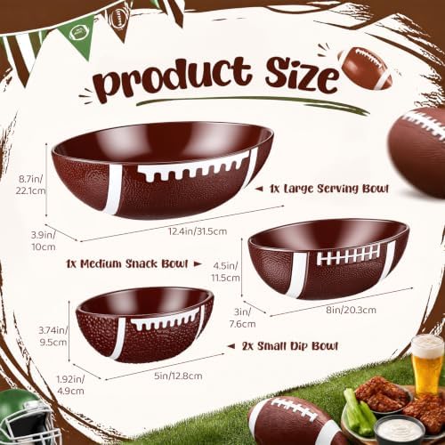 Qinyoung 4 Pack Football Serving Bowls Set, 3 Sizes Melamine Snack Bowls, Reusable Sports Themed Dishes for Game Day, Birthday Party, Chips Popcorn Candy Fruit Serving Supplies