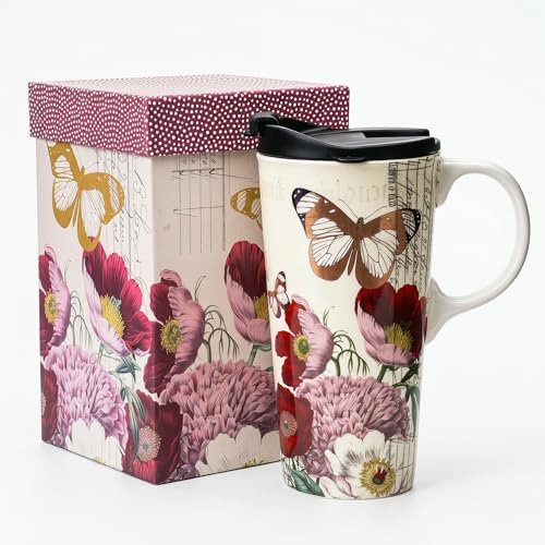 Topadorn 17oz Ceramic Travel Mug with Lid, Vintage Butterfly Floral Mug