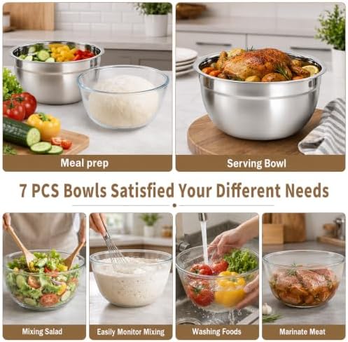 7PCS Mixing Bowls with Airtight Lids Set, Microwave-Safe Glass Mixing Bowl