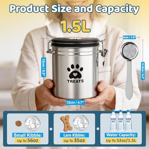 ENONCI Airtight Dog Treat Canister, 304 Stainless Steel Food Storage Jar with Date Dial Silver-1.5L