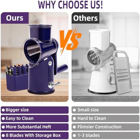 Rotary Cheese Grater with Handle, 5 Replaceable Blades(Purple)