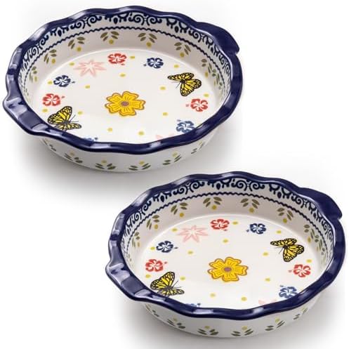 Uiifan Ceramic Casserole Dishes Vintage Pie Pan Bakeware Butterfly and Flower Pattern Plate Lasagna Pans Soup Bowl for Oven, Dishwasher and Microwave Safe(2 Pack,Round Style)
