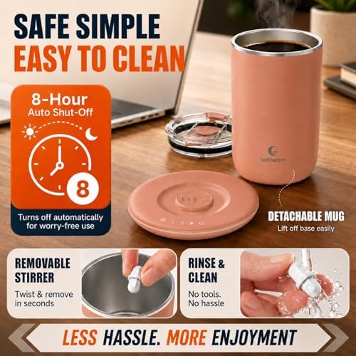 Self Heated Stirring Coffee Mug, 10oz Auto Mixing Cup with Warmer, Rose
