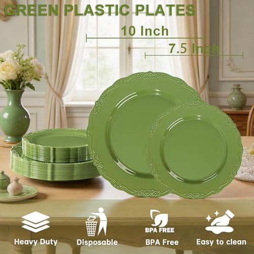 Tinybee 60PCS Green Plastic Plates - Heavy Duty Green Disposable Plates