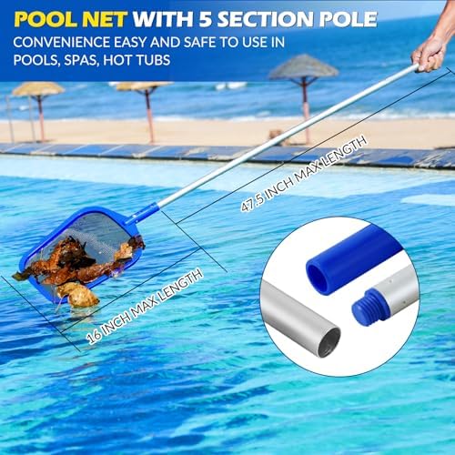 Pool Skimmer Net, 23-60" Adjustable Aluminum Pole for Leaves & Debris