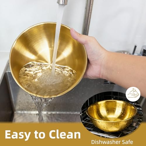 3-Piece Stainless Steel Golden Mixing Bowls (2.2Qt) Metal Bowl Set with Measurement Marks, Dishwasher Safe & Stackable - Perfect for Baking, Salad Making, Meal Prep