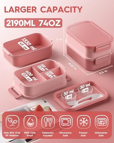 Adults Bento Lunch Box Set with Thermo Bag, 74oz Stackable Leak-proof 3-tiers Bento Box, Built-in Utensil and Sauce Container for Work, School, Dining Out (Pink)