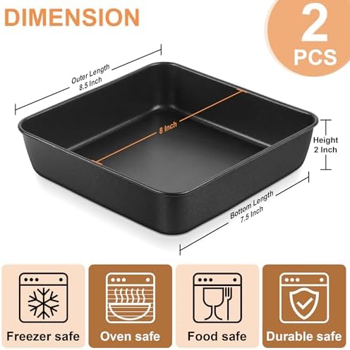 E-far 8 Inch Baking Pan Set of 2, Nonstick Square Cake Pan for Lasagna Cake