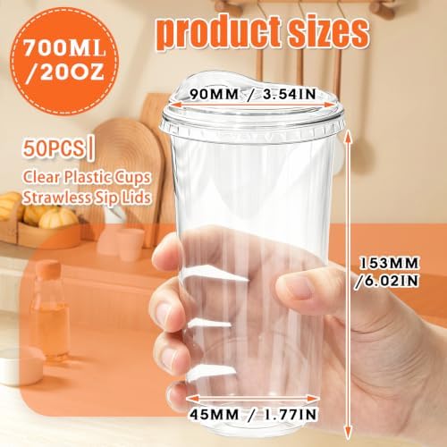 50 Pack 20 oz Clear Plastic Iced Coffee Cups with Strawless Sip Lids