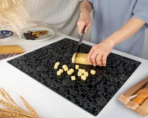 Kitchenville Glass Cutting Board 20”x16”: Tempered Glass Kitchen Counter Protector - Durable- Scratch-Resistant, Heat-Proof - Design 4 - Black Design