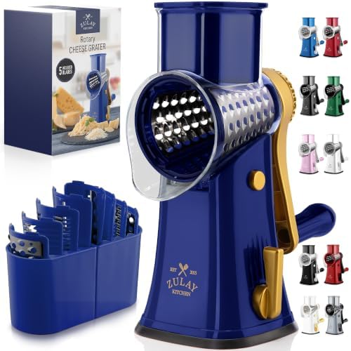 Rotary Cheese Grater Manual Hand Crank 5 Blade Shredder, Blue & Gold
