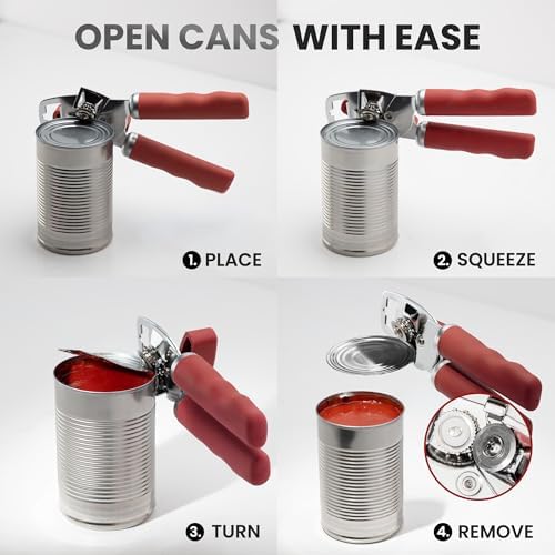 Zulay Kitchen Manual Can Opener Heavy Duty Patented Stainless Steel, Red