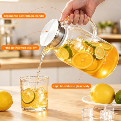 88oz Glass Pitcher, Stainless Steel Lid and Precise Scale Line, Easy Clean Heat Resistant Borosilicate Glass Jug