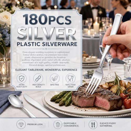 WDF 180 Ps Silver Plastic Silverware - Plastic Cutlery - Fancy Plastic Silverware Heavy Duty - 60 Forks 60 Knives 60 Spoons - Disposable Utensils Perfect for Fall Party/Wedding/Thanksgiving/Christmas