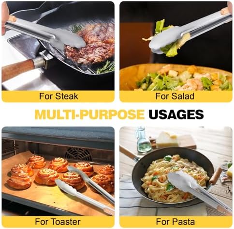 Premium Metal Kitchen Tongs for Cooking - Heat Resistant 1100°F Stainless Steel Tongs with Comfortable Wooden Grips - Perfect for Grill, Salad, Toaster, Cooking, and Serving Food (12-inch)