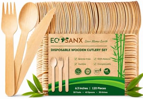 120 PCs Disposable Wooden Cutlery set, 6.3" Splinter Free
