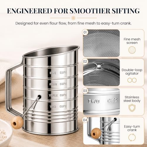 Bellemain Stainless Steel Flour Sifter for Baking with Hand Crank - 5 Cup