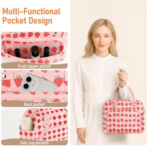 Lunch Bag Large Insulated Lunch Box for Women Adult Cute Pink Strawberry Lunchbox Corduroy Lunch Bags Boxes Pail with Shoulder Strap for Work (Big Red Strawberry)