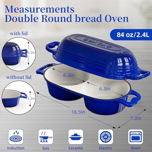 Enameled Cast Iron Dutch Oven Pot with Lid, Double Bread Loaf Pan