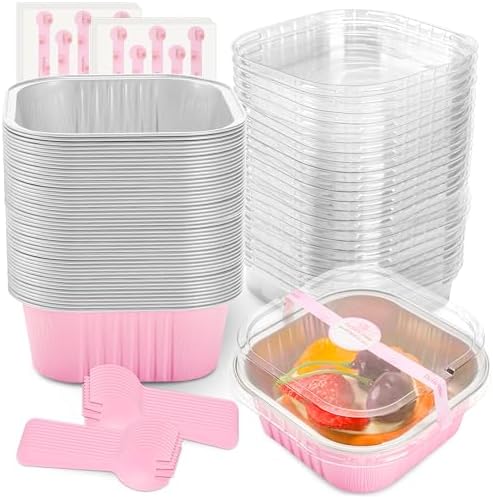 NPLUX Square Cake Pans with Lids, 50 Pack Pink 10oz for Birthday Treats