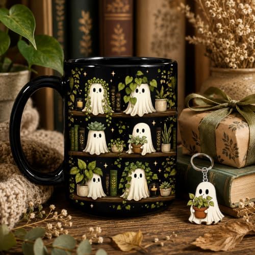 Hyturtle Cute Ghost Plant Mug 15 Oz And Keychain Book Lover Gifts