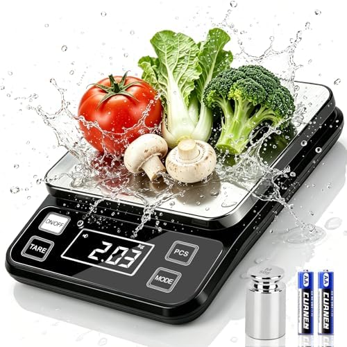 Digital Food Scale 11lb/5kg, Waterproof Kitchen Scale, Tare Function and 2 Power Options with Batteries, Stainless Steel Gram Scale for Cooking and Baking