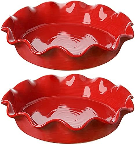 LE TAUCI Ceramic Pie Pans for Baking, 11 Inches Deep Dish Pie Plate for Apple Pie, 48 Ounce Baking Dish with Ruffled Edge, Set of 2, Red