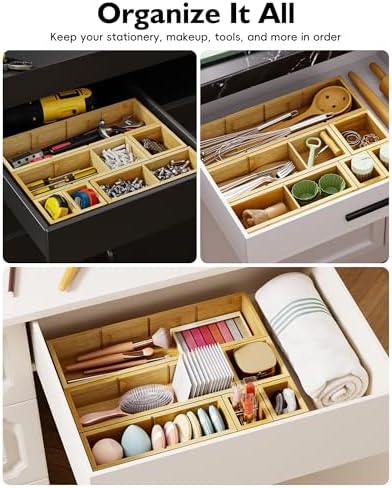 12-Piece Bamboo Drawer Organizer Set, 24 Compartments Modular Storage