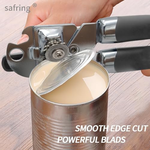 Safring Can Opener Manual, Handheld Strong Heavy Duty Stainless Steel Can Opener, Comfortable Handle, Sharp Blade Smooth Edge, Can Openers with Multifunctional Bottle Opener, Gray