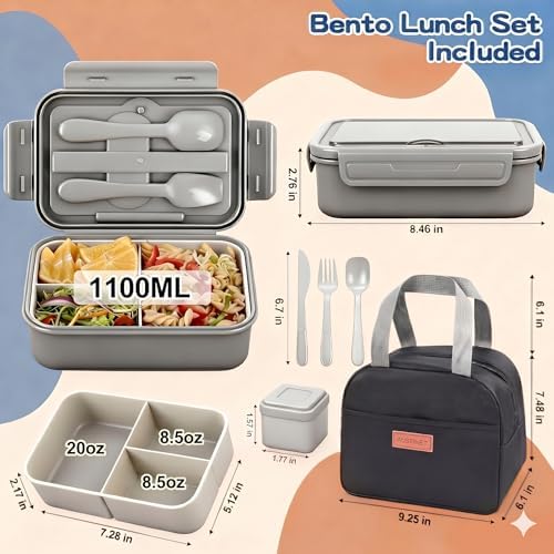 Bento Lunch Box for Adult & Kids, 1100ml Stackable Leak Proof Grey