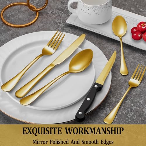 36 Pcs Gold Silverware Set with Steak Knives, Stainless Steel Flatware Cutlery Set for 6, Kitchen Tableware Sets, Utensil Sets for Home and Restaurant, Dishwasher Safe