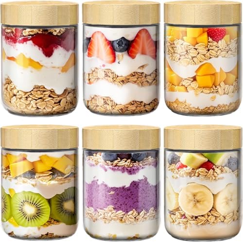 16 oz Overnight Oats Containers with Bamboo Lids, Glass Mason Jars 6 Pack