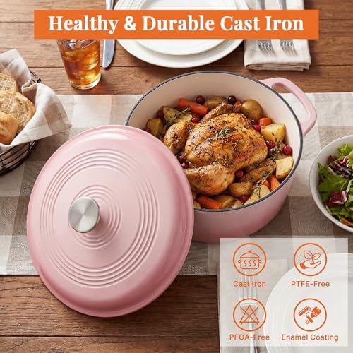 NEWBULIG Cast Iron Dutch Oven, 6 Quart Enamel Dutch Oven Pot with Lid, Heavy Duty Cookware for Sourdough Bread, Braising, Stews, Roasting, Safe up to 500°F, Pink