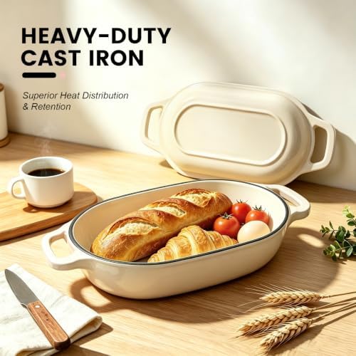 Oval Cast Iron Dutch Oven, Sourdough Bread Baking Pan with Lid, White