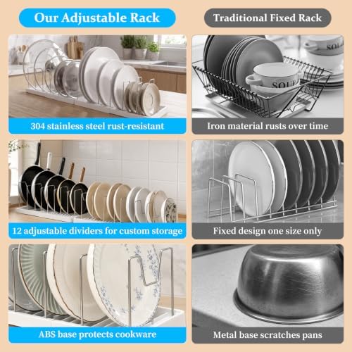 Expandable Pot and Pan Organizer for Cabinet Storage, Foldable Kitchen Cabinet Organizer with 12 Adjustable Dividers, 31" Cookware Rack for Pots, Pans, Pot Lids, Cutting Boards & Bakeware