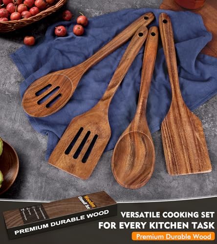 4Pcs Wooden Spatula for Cooking, Acacia Wooden Spatula for Kitchen Use, Nonstick Cookware Safe Utensils Set for Cooking, Mixing, Serving, Draining, Ideal Cooking Utensils Gift