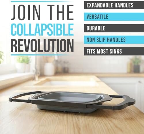 Comfify Gray Collapsible Silicone Over-Sink Colander – 6 Qt – Extendable