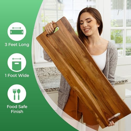Large Acacia Serving Board with Handles, 36 x 12 Inch Rectangular Charcuterie Platter, Natural Wood Server for Meat, Cheese Board, and Party Appetizers, Extra Long 3ft, Light