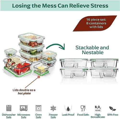 Fusion Gourmet - Glass Prep Containers - 8 Pack 2 Compartment 33 oz
