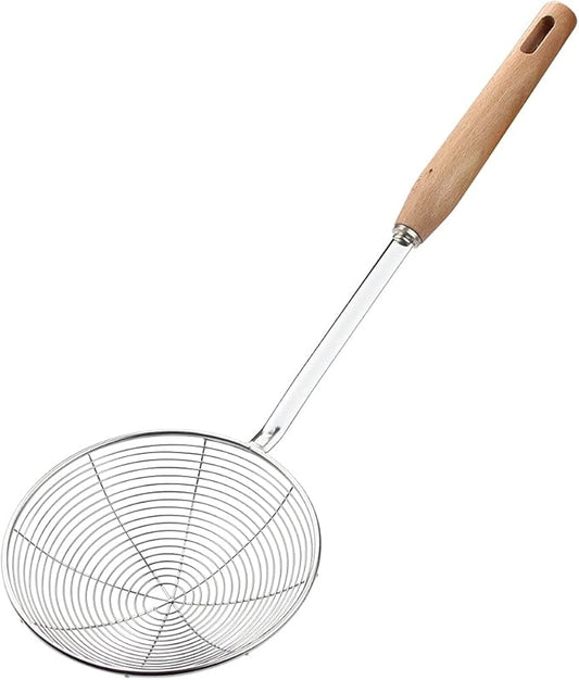 IQCWOOD Spider Strainer Skimmer with Wood Handle - 5.5 Inch Fryer Scoop for Cooking and Frying, Kitchen Utensils Pasta Strainer Spoon