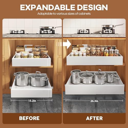 Seinloes 4 Pack Expandable Pull Out Cabinet Organizer 21"Deep With Raising Pad for Framed Cabinets,Upgrade 3 Slide Rails Slide Out Drawers,Roll Out Shelves Adhesive,Adjustable Width 15.15"-26.3" White
