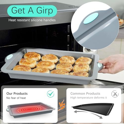 To encounter Silicone Baking Pans Set, 4 Pieces Nonstick Bakeware Set with Baking Pans, Baking Sheets, Cookie Sheets, Cake Pan with Grips and Metal Reinforced Frame More Strength, Light Grey