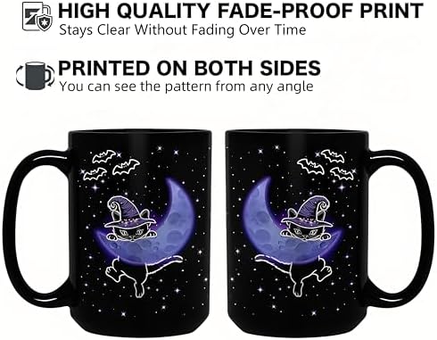 Halloween Witchy Cat Coffee Mug for Cat Lovers, 15oz Black Ceramic Tea Cup