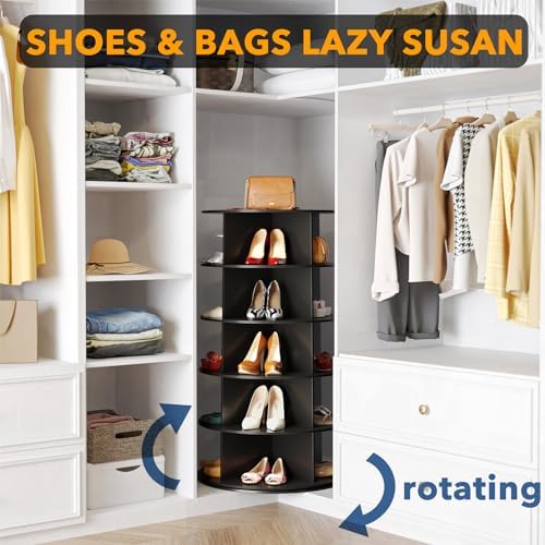 SpaceAid 5 Tier Rotating Shoe Rack Tower, Spinning Shoe Display Lazy Susan, Revolving 360 Shoe Rack Storage Round Carousel, Vertical Handbag Rotate Shoes Closet Organization (5-Tier Black)