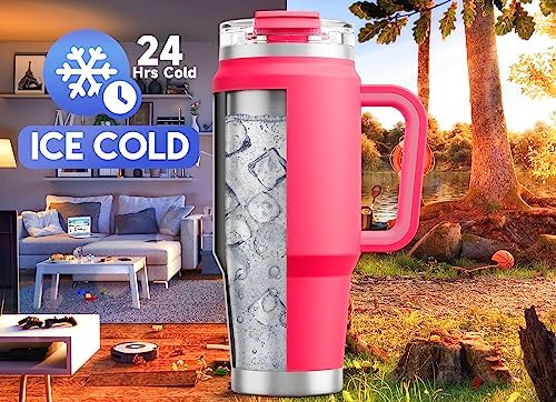 Meoky 32 oz Tumbler with Handle, Insulated Tumbler with Lid and Straw, Stainless Steel Travel Mug, Keeps Cold for 24 Hours, 100% Leak Proof, Fits in Car Cup Holder (Ruby)