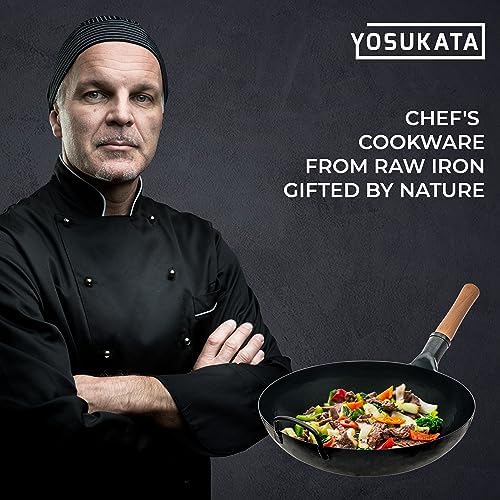 YOSUKATA 13.5" Pre-Seasoned Flat Bottom Blue Carbon Steel Wok for Stir Fry
