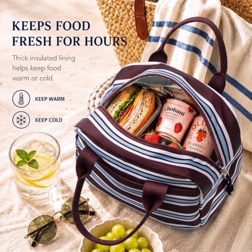 LOVELYWIND Lunch Box for Women, Insulated Lunch Bag, Burgundy Stripe Tote