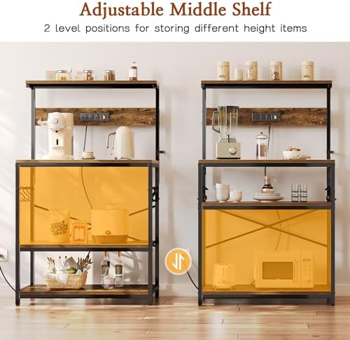 SUPERJARE Bakers Rack with Power Outlets, Microwave Stand, 31.5 X 16.5 Inch Larger Desktop, Kitchen Storage Rack with Adjustable Middle Shelf, 6 S-Shaped Hooks, Coffee Bar Stand, Rustic Brown