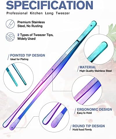 4 Pcs Fine Long Tweezer Tongs Professional Rainbow, 12'' and 10'' Stainless Steel for Kitchen, Food, Cooking, Repairing, Sea food and BBQ